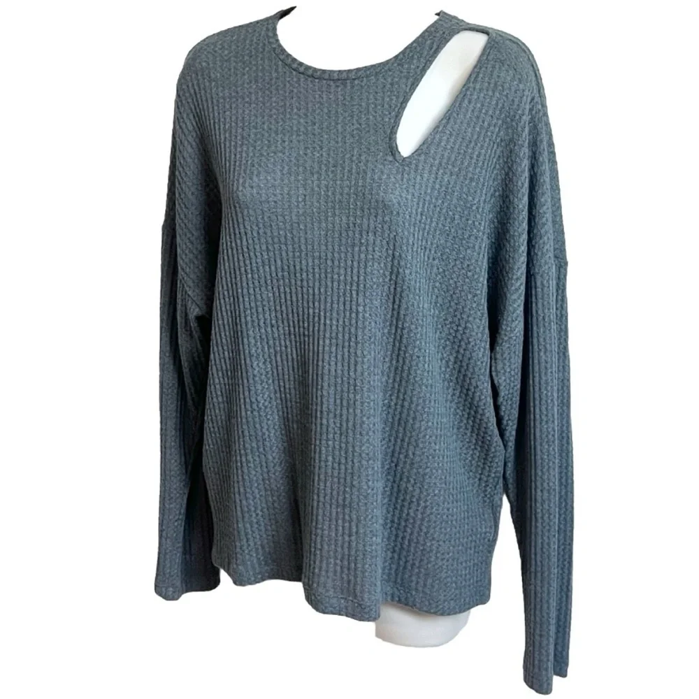 NEW Express Waffle Knit Scoop Neck Long Sleeve Pullover Top Gray high low M